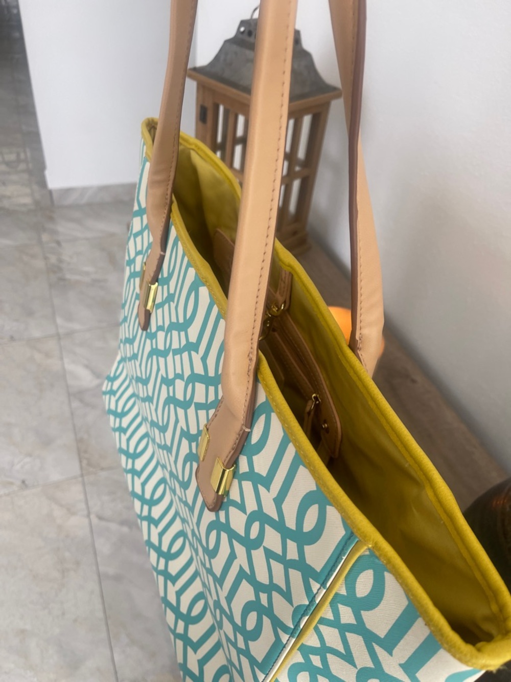 Kate Landry Turquoise Patterned Tote Bag with Beige Handles - Picture 8 of 10